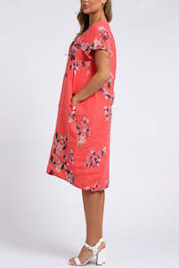 Dresses: Linen Short Dress with Ribbed Sides Hydrangea - Coral