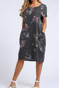 Linen Short Dress with Ribbed Sides Hydrangea - Charcoal