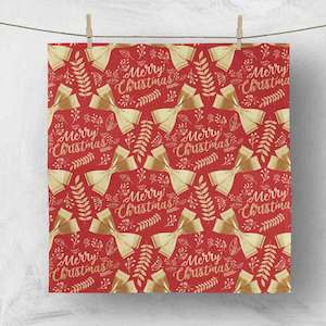Christmas Napkins: CLEARANCE Christmas Napkins - Merry Christmas Gold Bows on Red (50x50cm)