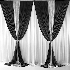 The Look Black And Gold Sequin Backdrop Christmas Setting: Black Ice Silk and Silver Sequin Layered Backdrop Curtain 3m x 3m