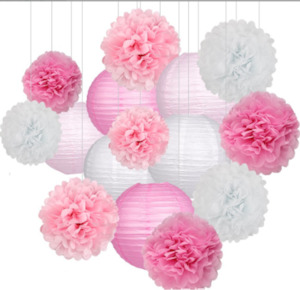 Paper Lantern Pom Pom Set  - Pastel Pink
