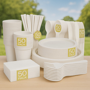 Christmas Table Linen And Decorations: Biodegradable Dinner Set - White - Plates, Cutlery, Napkins, Cups & Straws (400pc)