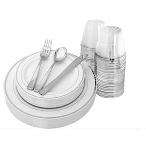 Plastic Dinner Plate Set - Plates, Cups, Cutlery - Silver & White (150pc / 25 Person)