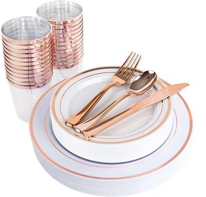 Plastic Dinner Plate Set - Plates, Cups, Cutlery - Rose Gold & White (150pc / 25 Person)