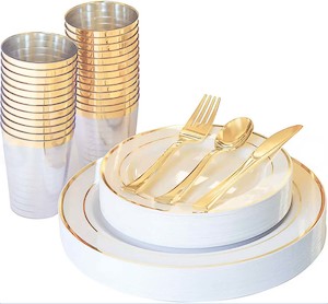 Plastic Dinner Plate Set - Plates, Cups, Cutlery - Gold & White (150pc / 25 Person)