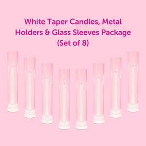 White Taper Candles, Metal Holders & Glass Sleeves Package (Set of 8)