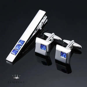 Groomsman Gifts: Men's Copper Tie Clip Cufflink Set with Blue Crystals