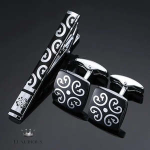 Groomsman Gifts: Elegant Black Enamel Flower Tie Clip Cufflink Set