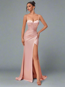 Formal Dresses: Champagne Corset Front Satin Evening Dress
