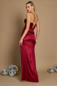 Formal Dresses: Corset Cowl Satin Prom Dress – Draped Spaghetti Strap Formal Gown with Slit