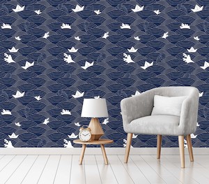 The Waves Wallpaper - Pumice/Denim