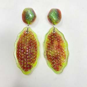 Rock Earrings: Cateye earrings, lime green, raspberry, glow in the dark and glitter