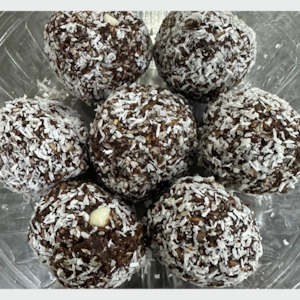 High Protein Snacks: Coconut with dark and white chocolate bliss balls