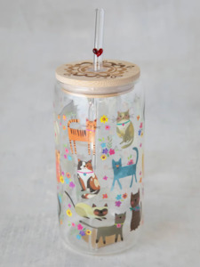 Cat Lovers: Glass Tumbler with Lid and Straw - Cats