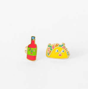 Asymmetrical Cloisonné Stud Earrings - Taco and Hot Sauce