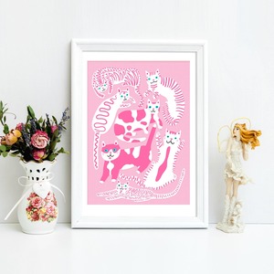 Cat Lovers: A3 Art Print - 9 Pink Cats