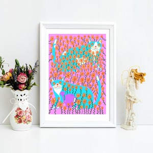 Cat Lovers: A3 Art Print - Two Blue Cats In The Flowers