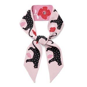 Twilly Ribbon Double Sided Silk Scarf - Poppy Polka Cat