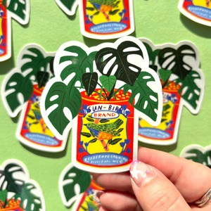 Under 25 Goodies: Vinyl Sticker - Monstera House Plant & Vintage Sun Bird Can