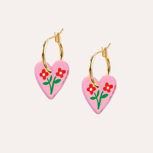 Mini Heart Gold Folk Floral Hoop Earrings - Pink