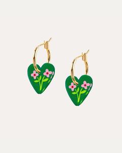 Mini Heart Gold Folk Floral Hoop Earrings - Green