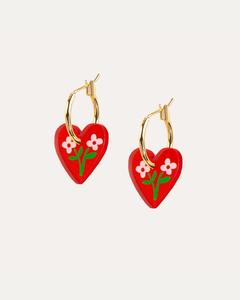Mini Heart Gold Folk Floral Hoop Earrings - Red