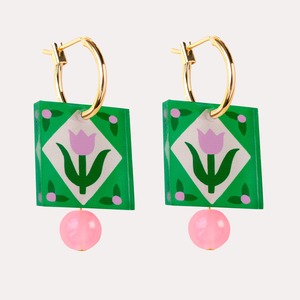 Entire: Square Gold Folk Floral Hoop Earrings - Green