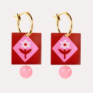 Square Gold Folk Floral Hoop Earrings - Red & Pink