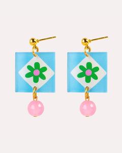 Square Gold Folk Floral Hoop Earrings - Pastel