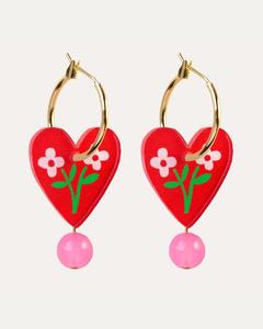 Heart Gold Folk Floral Hoop Earrings - Red