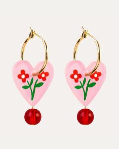 Heart Gold Folk Floral Hoop Earrings - Pink
