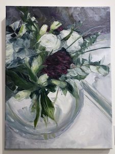 Purple Carnation and White Lisianthus in glass bowl - MADCAT