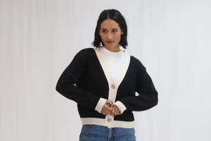Fashion: Tatano Contrast Cardi - Black/Sand