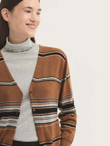 Fashion: Three-tone striped fine-gauge cardigan - Caramel