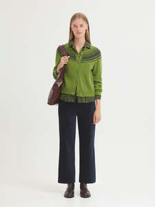 Fashion: Wool Cardigan with Jacquard Fretwork - Kiwi Green