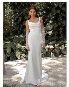 Modern simplicity scoop bodice crepe fit n flare wedding dress at Madison Rose B&hellip;
