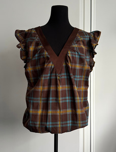 ON NEW GROUND REVERSIBLE NECKLINE BLOUSE Brown Yellow and Teal Check (Ready to Wear Size 12)