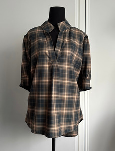 MAKE YOUR MOVE POPOVER BLOUSE Brown and Peach Check (Ready to Wear Size 16)