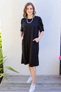 Knee Length: White on Black - PHS-2045 Rouche Sleeve Dress
