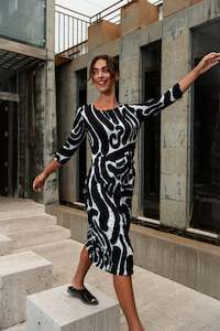 Alquema 3 4 Smash Pocket Dress: Alquema - ADC544-BWS 3/4 Sleeve Smash Pocket Dress