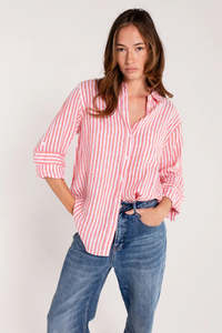 Tops: Hut - Boyfriend Red Yarn Dye Stripe Shirt