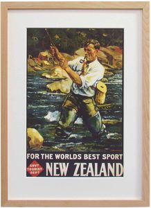 Framed prints: New Zealand Vintage Travel Poster “Fisherman”