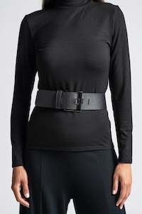 Belts: PAULA RYAN Squared Buckle Leather Belt - Black/Gunmetal