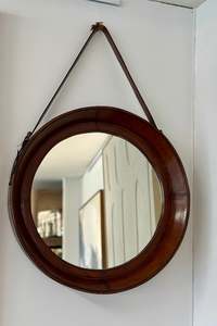 Round Tan Leather Mirror