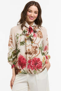 Urban Luxury: URBAN LUXURY Flowers Bow Neck Shirt - Beige