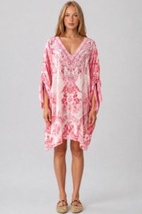 CAMILLA Tie Sleeve Short V Neck Kaftan - Livin La Vida Rosa