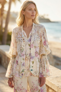 Camilla: CAMILLA Elastic Sleeve Tie Front Blouse - Adorned In Aranjuez