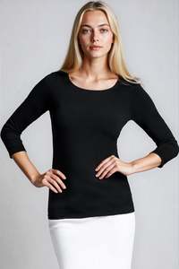 PAULA RYAN Slim Fit 3/4 Sleeve Wide Neck Top - EcoVero Black