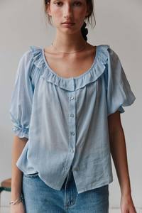 All: Bon Ruffle Blouse in Pale Blue Mila Stripe