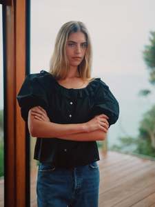 Bon Ruffle Blouse in Black Cotton Voile {Sample}